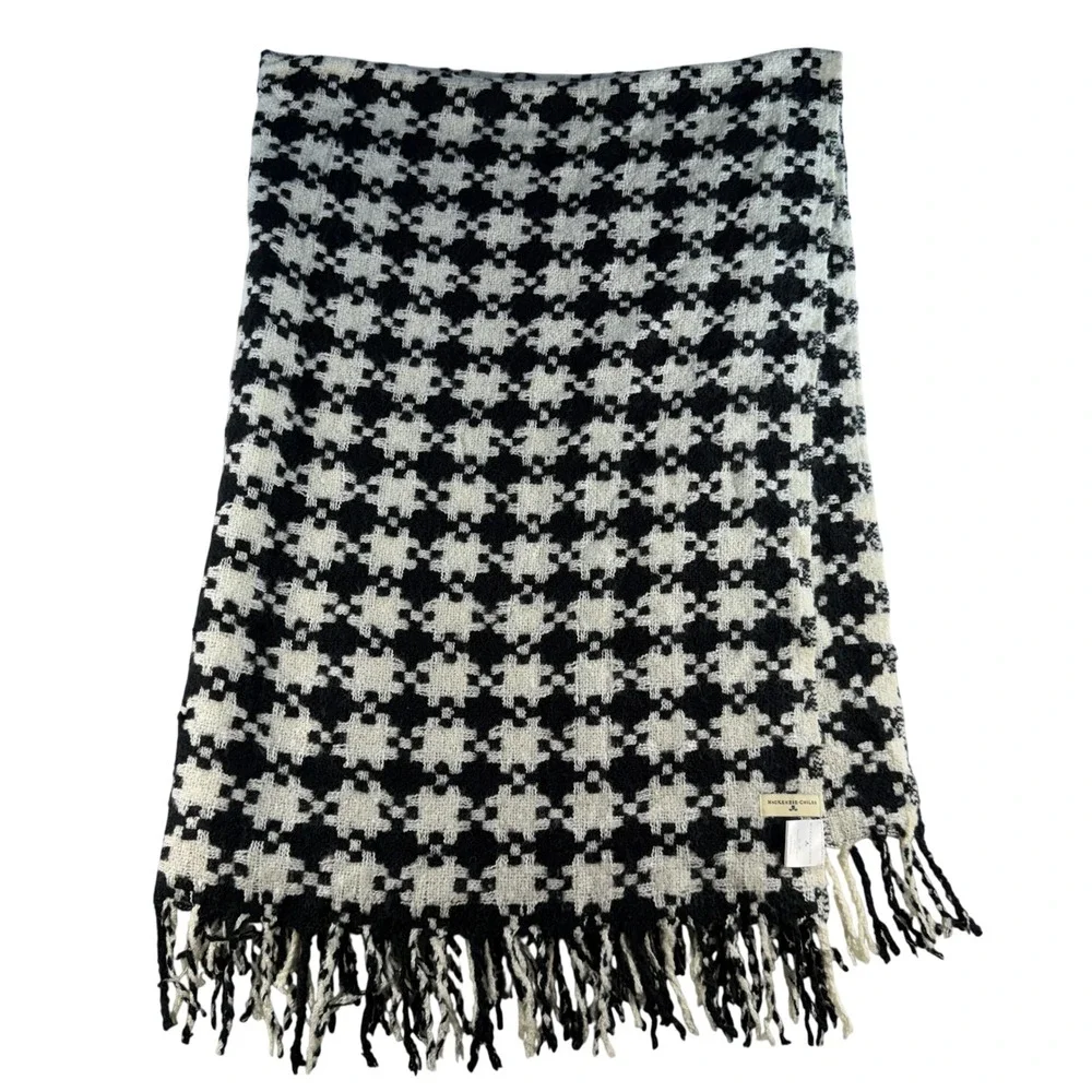 MacKenzie Childs Houndstooth Throw Blanket Fringe Black Ivory‎ 51